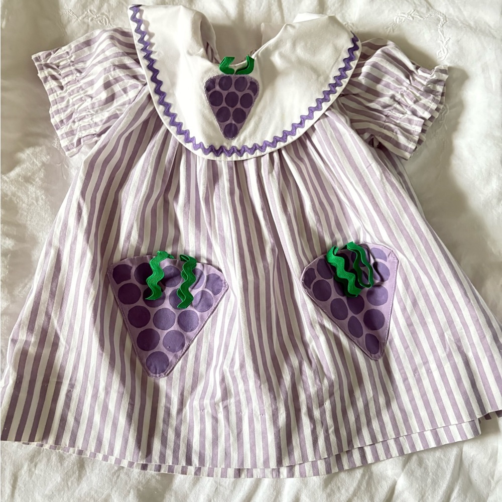 Vintage Handmade Purple Striped Dress with Grape Appliqué